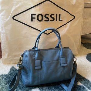 Light blue leather Fossil crossbody satchel.